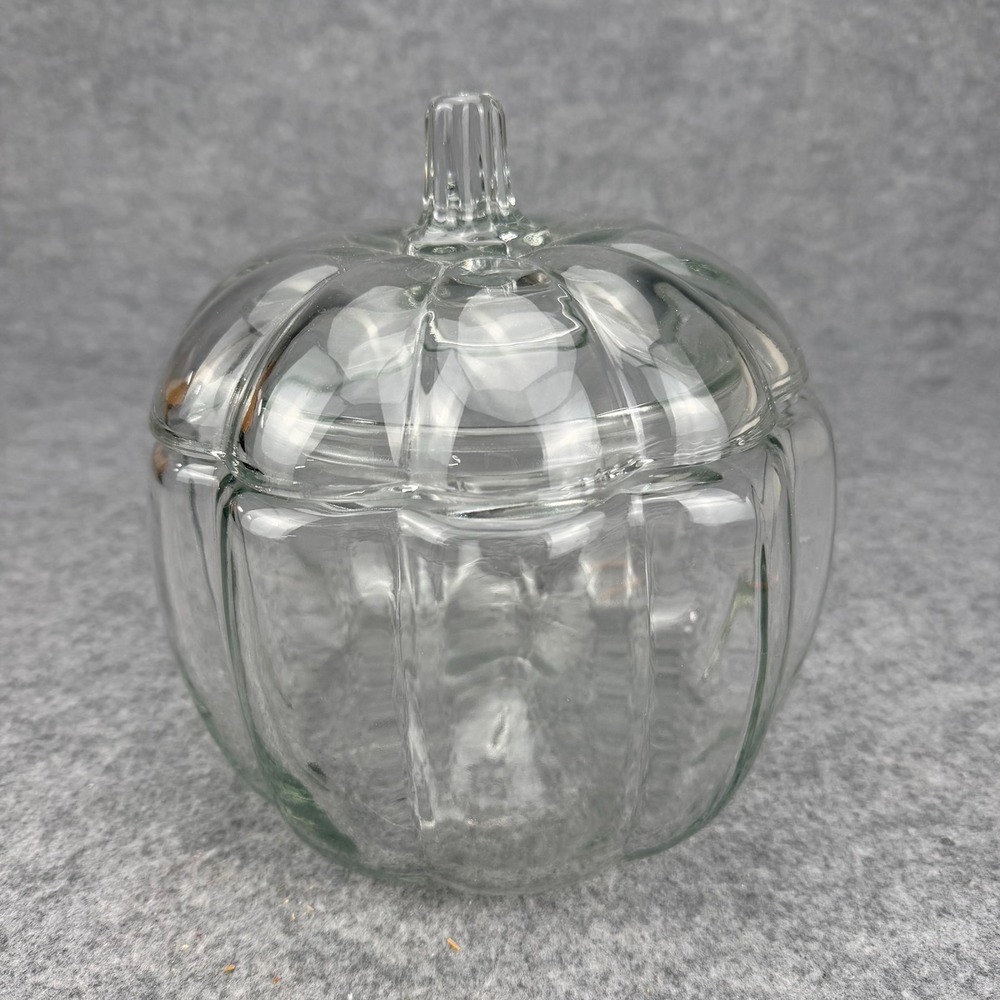 Vintage Clear Glass Pumpkin Jar with Lid Cookie Candy Dish Canister